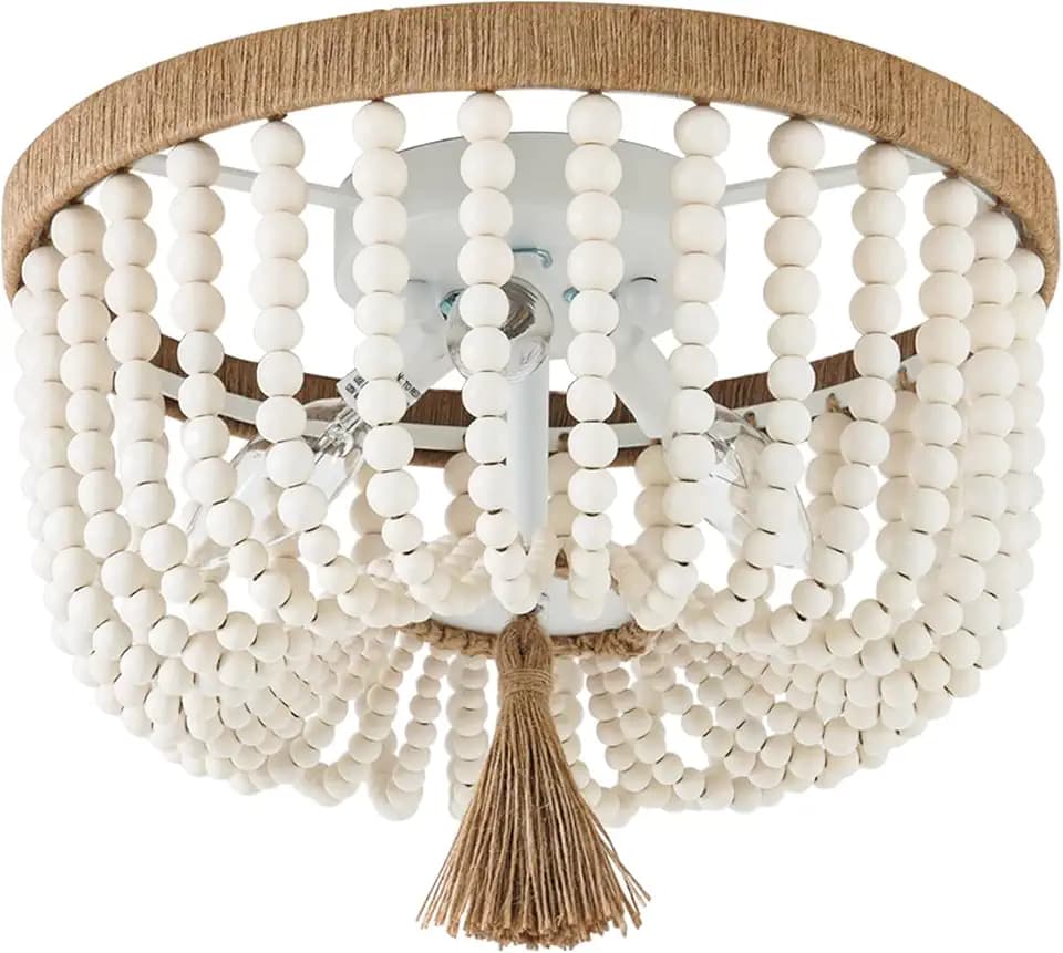 VILUXY Bohemia Wood Beaded Flush Mount Ceiling Light Antique Rustic Mini Round Chandelier White for Bedroom Kitchen Island Girl Room Entryway 3-Light