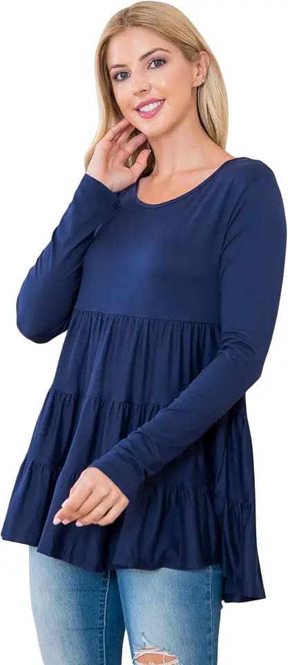 RIAH FASHION Casual Ruffle Hem Loose Peplum Top - Flowy Pleated T-Shirt Tunic Long Sleeve Plaid, Tie Dye, Floral Print, Solid