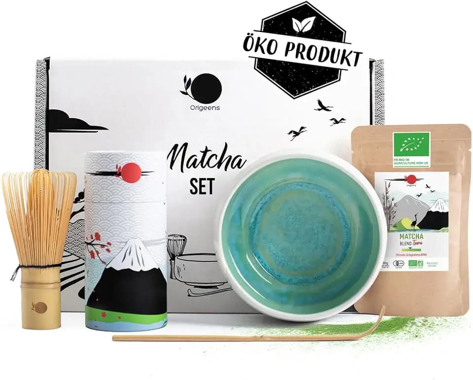 ORIGEENS MATCHA SET MIT PULVER "JADE" - Handgefertigte Matcha-Schale (Portugal), Matcha-Besen, Bambuslöffel, BIO Matcha-Tee aus Japan - Matcha Tee Set für Teezeremonie, Geschenkset
