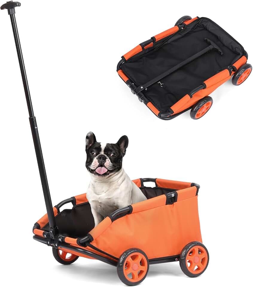 Mini-Hundewagen für Mini-Haustiere, faltbarer multifunktionaler Einkaufswagen mit ausziehbarem Ziehgriff, Doggie Wagon eingebautem Kissen und Sicherheitsseil mit Aufbewahrungstasche (Orange)