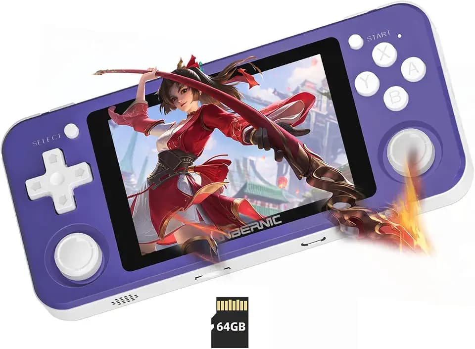 RG351P Handheld Game Console,Plug & Play Video Games Supports TF Extend 256GB , Portable Game Console 3.5 Inch IPS Screen Double 3D Rocker Supports 3.5mm Sound Headphones (Purple)