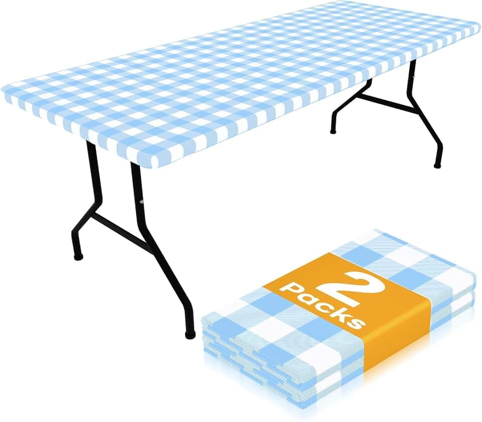 Smiry 8 Foot Picnic Table Cloth 2 Pack, Elastic Fitted Polyester Tablecloth