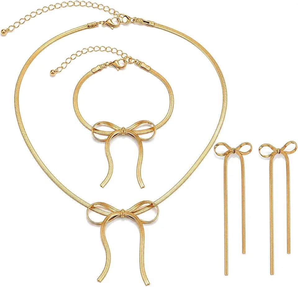 YANCHUN Bow Jewelry Set Necklace Bracelet Earrings Gold Christmas
