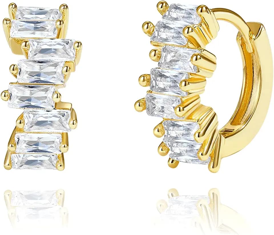 Me&Hz Small Cubic Zirconia Huggie Earrings for Women 14K Gold Plated Baguette CZ Hoops Hypoallergenic Silver Huggies Lightweight Trendy Jewelry for Women