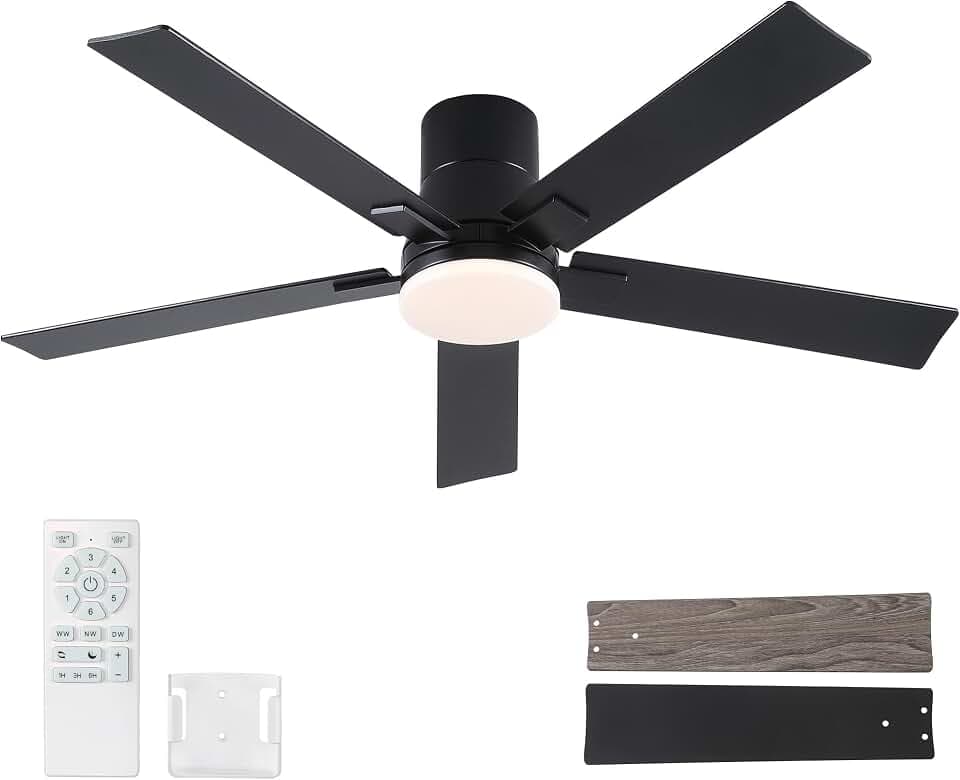 Rayqueen 52 Inch Flush Mount Black Ceiling Fans with Lights and Remote