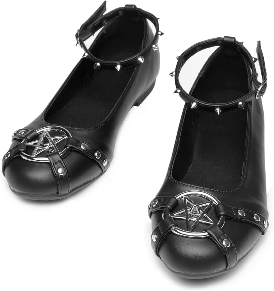Gothniero Womens Black Flats with Metal Studs and Adjustable Strap Dressy Comfotable Cute Ballet Flats Goth Shoes for Women Dressy Flats Slip on Round Toe