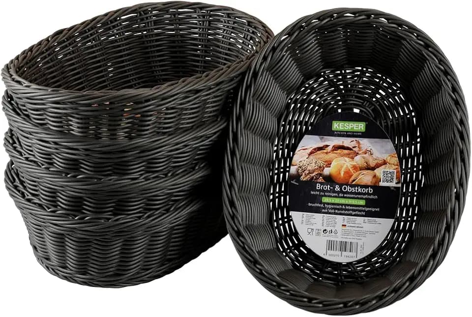KESPER | Brot- und Obstkorb, 5er Pack, Material: Voll-Kunststoffgeflecht, Maße: 29,5 x 23 x 9,5cm, Farbe: Grau |1982615
