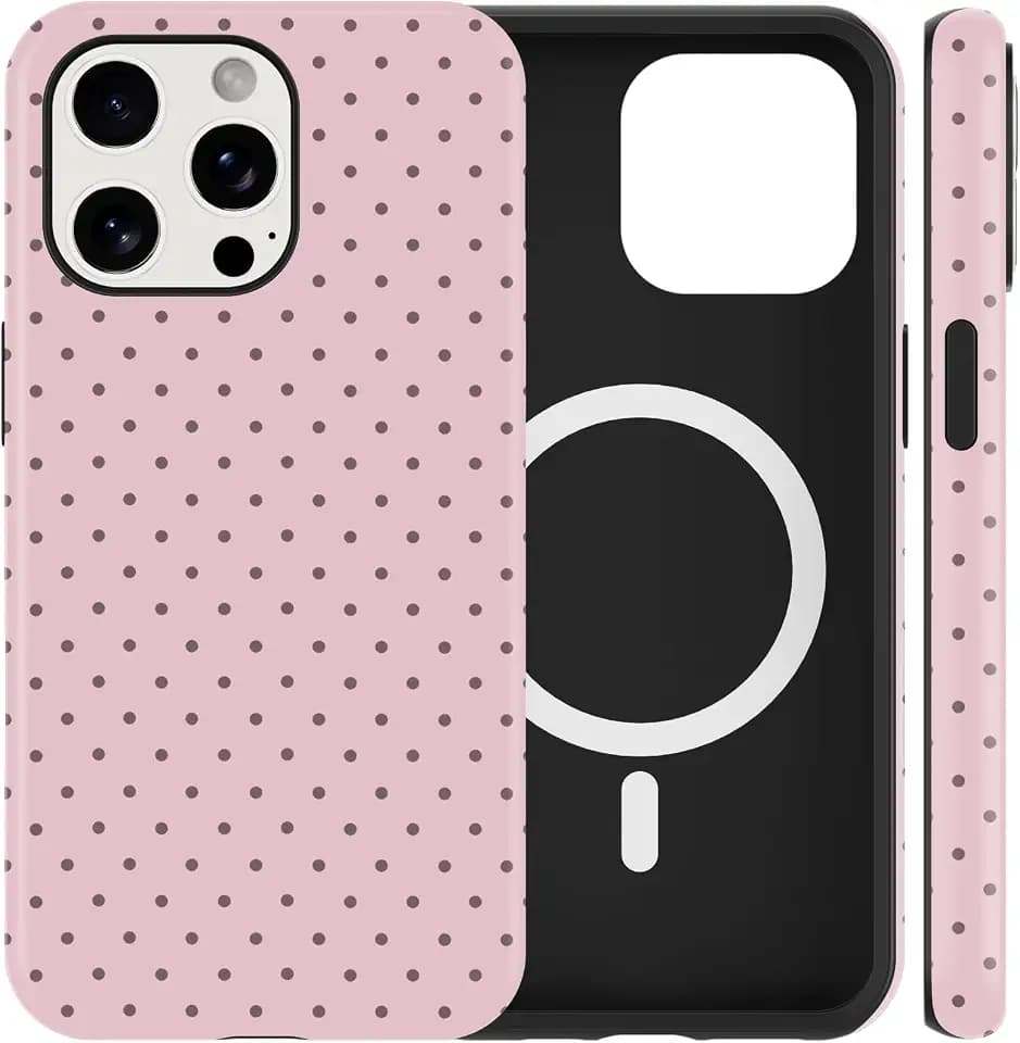 Cute Polka Dot Phone Case for iPhone 16 Pro Magnetic Case 6.3", Compatible with Magsafe, Aesthetic Trendy Pattern Design Women Girly Cover Hard PC Shockproof Soft TPU Protection Funda, Pink