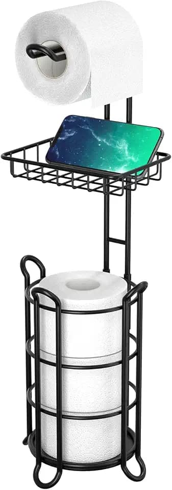 Matte Black Bathroom Freestanding Toilet Paper Holder Tissue Roll Holder Stand with Shelf Storage Holds 4 Jumbo Rolls Phone and Wipes