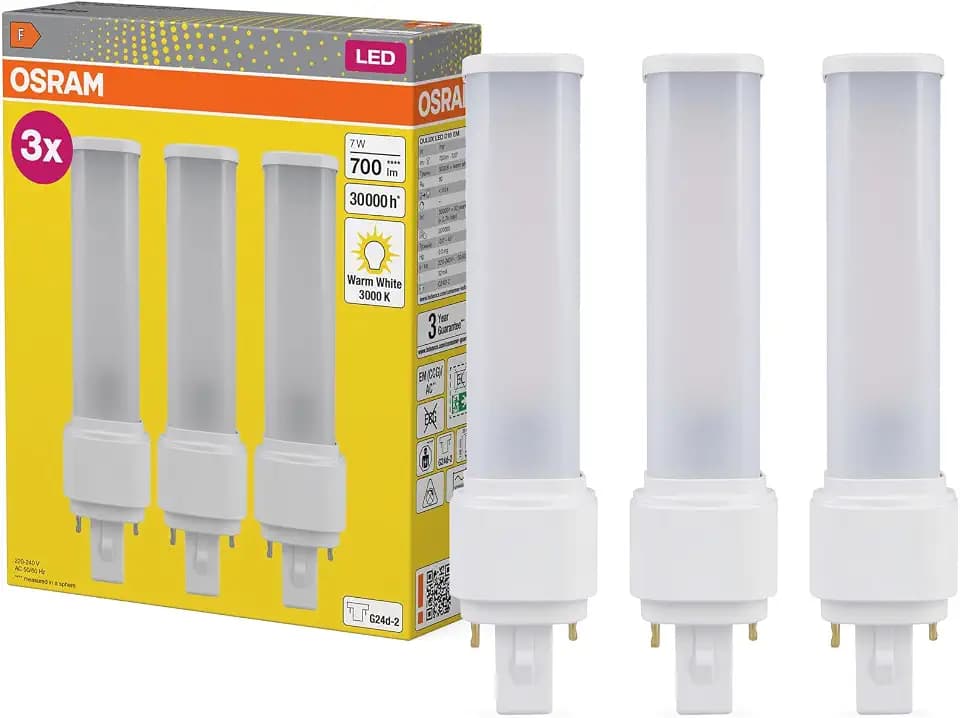 Osram DULUX D18 LED Kompaktlampe, 7W, 700lm, 3000K Warmweiß, Sockel G24D-2, 230V AC/CCG, CRI 80, 35mm Durchmesser, [Unit Count] - Unit Count