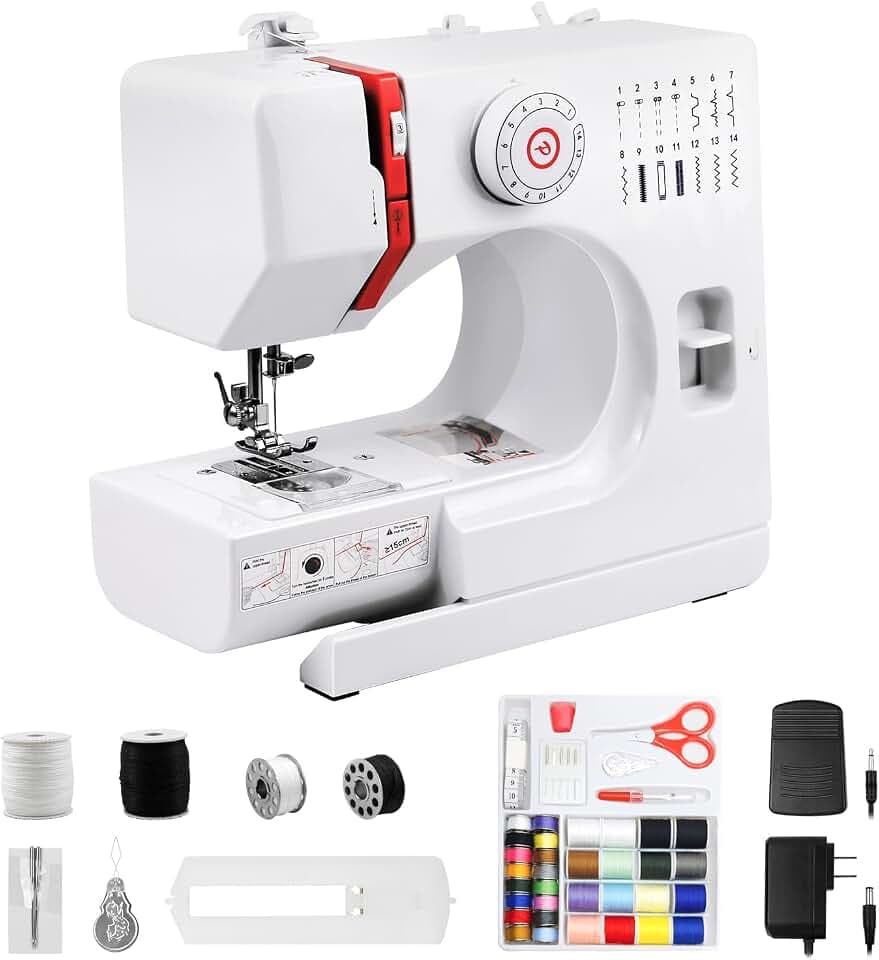 Nähmaschine für Anfänger, 14 Stichprogrammen Kleine Nähmaschinen Kinder, Mini Sewing Machine Tragbare Elektrische Nähmaschine mit Fußpedal & Nähset & LED-Licht