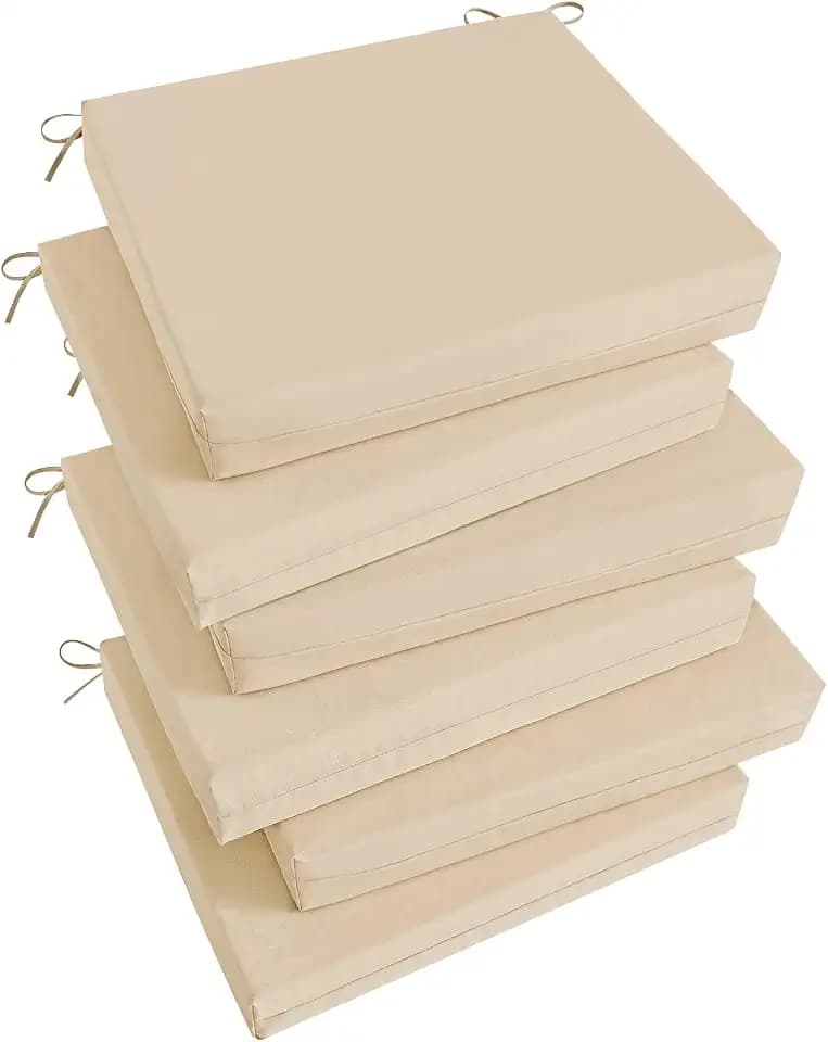 Basic Beyond Outdoor Chair Cushions Set of 6, Square Corner Outdoor Cushions for Patio Furniture, Water Resistant Patio Chair Cushions with 2 Ties, 18.5x16x3, Beige