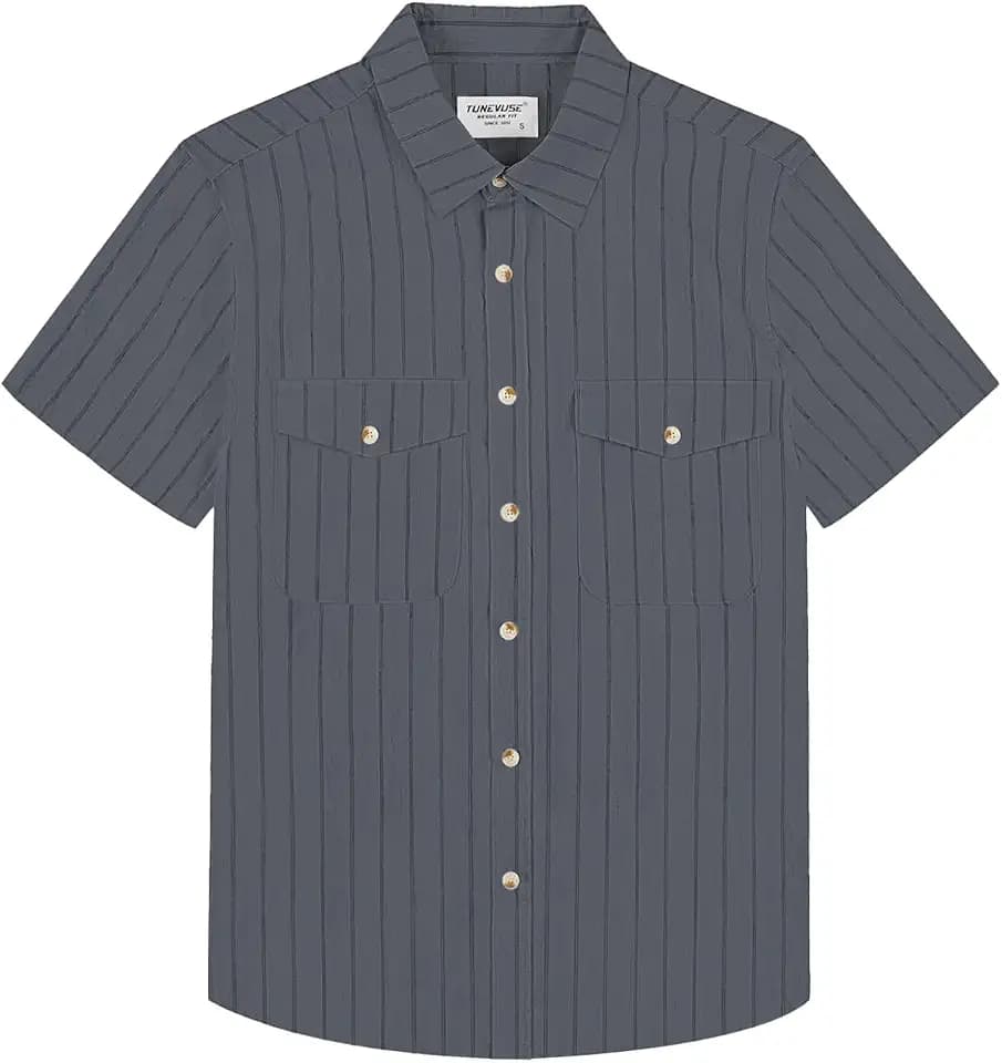 TUNEVUSE Linen Shirts for Men Summer Button Down Shirt Casual Short Sleeve Striped Beach Shirt with Pockets