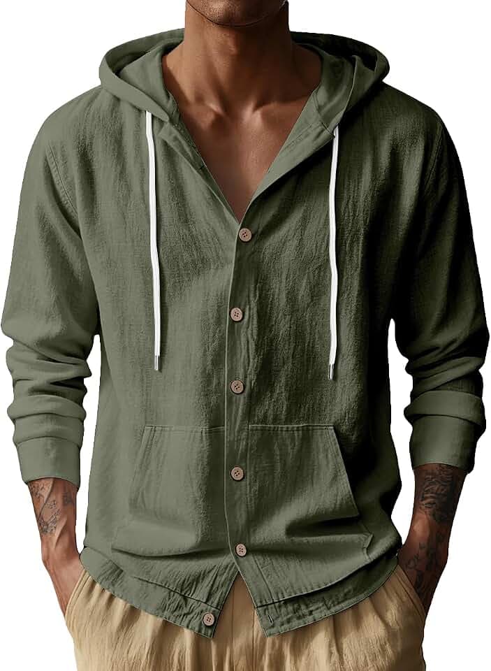 Linen Shirts for Men Casual Long Sleeve Button Down Shirts with Pocket Hoodies Shirt Lightweight Fashion Tops Vacation