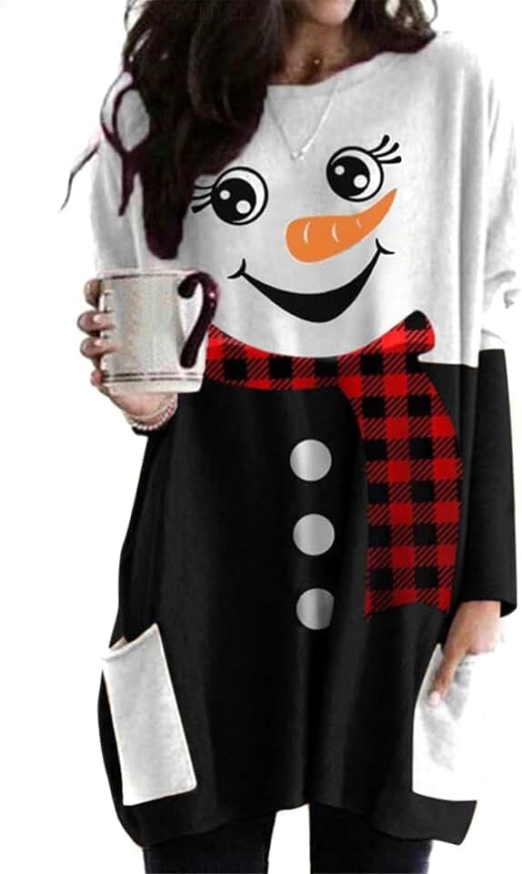 OMZIN Women Christmas Sweatshirt Pullover Tops Novelty Funny Graphic Long Sleeve Xmas Sweatshirt Blouse with Pockets