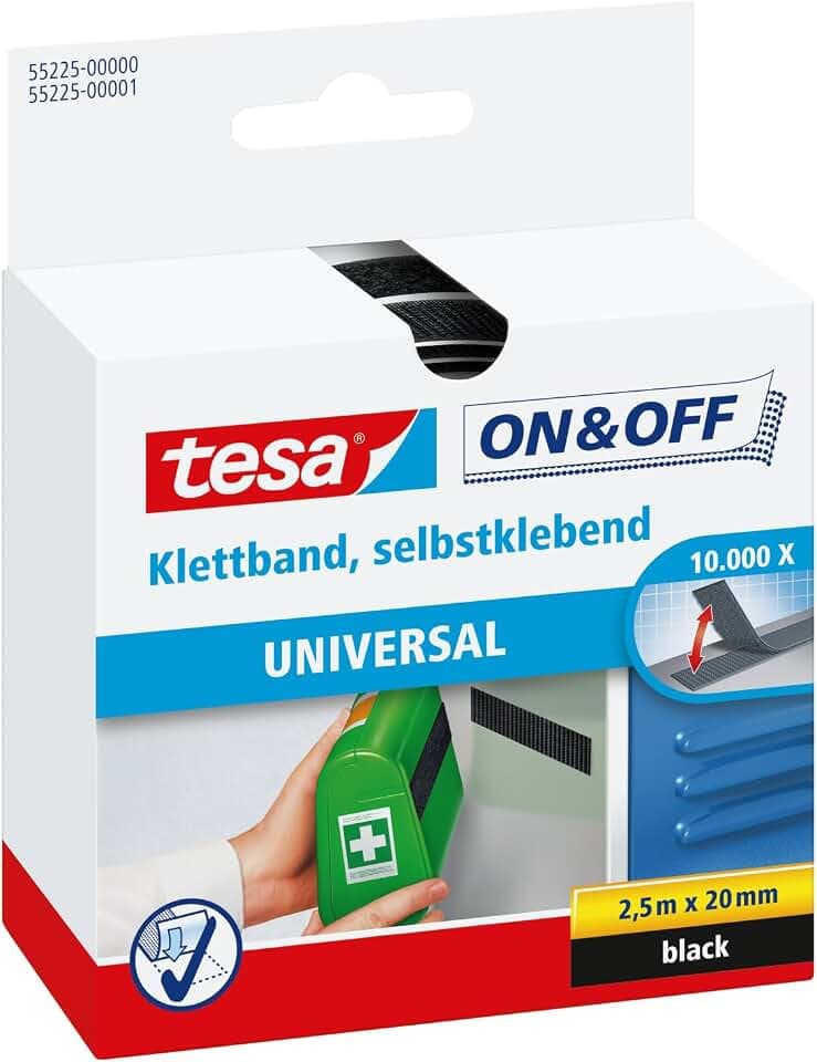 tesa On & Off Klettband zum Aufkleben - 2 cm x 250 cm - Schwarz