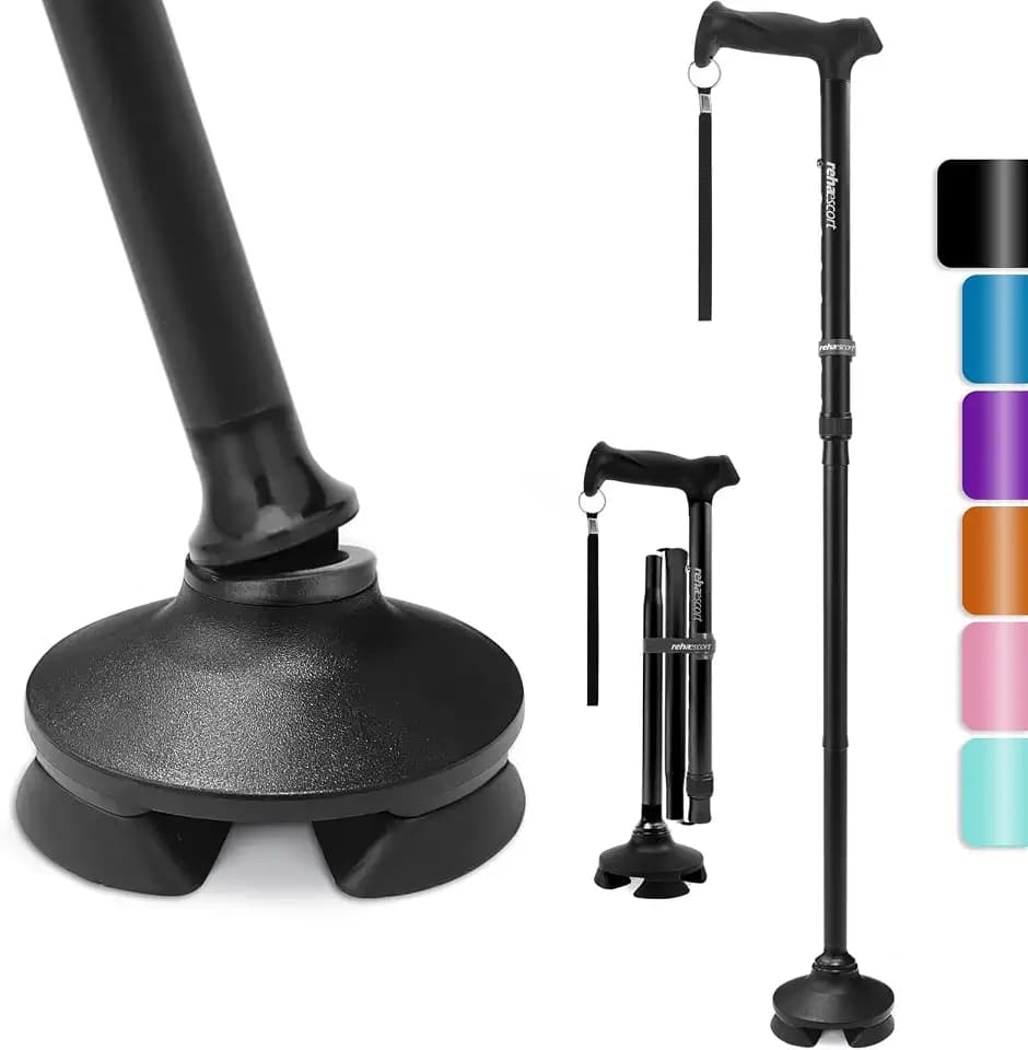 Rehaescort Walking Cane for Men & Women - Folding, Adjustable, Lightweight, Walking Canes for Seniors Balance, Free Standing, Pivot Tip, Soft Handle, Foldable Walking Sticks with Travel Bag