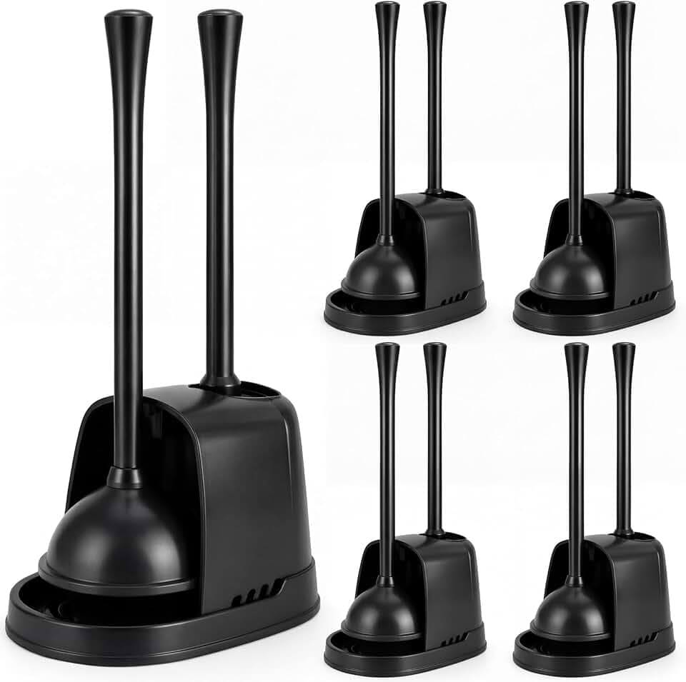 Reallnaive 4 Set Toilet Plunger and Brush Set with Ventilated Holder 2 in 1 Toilet Bowl Brush and Heavy Duty Plunger Combo Bathroom Cleaning Kit for Home and Commercial Bathrooms Drainage(Black)