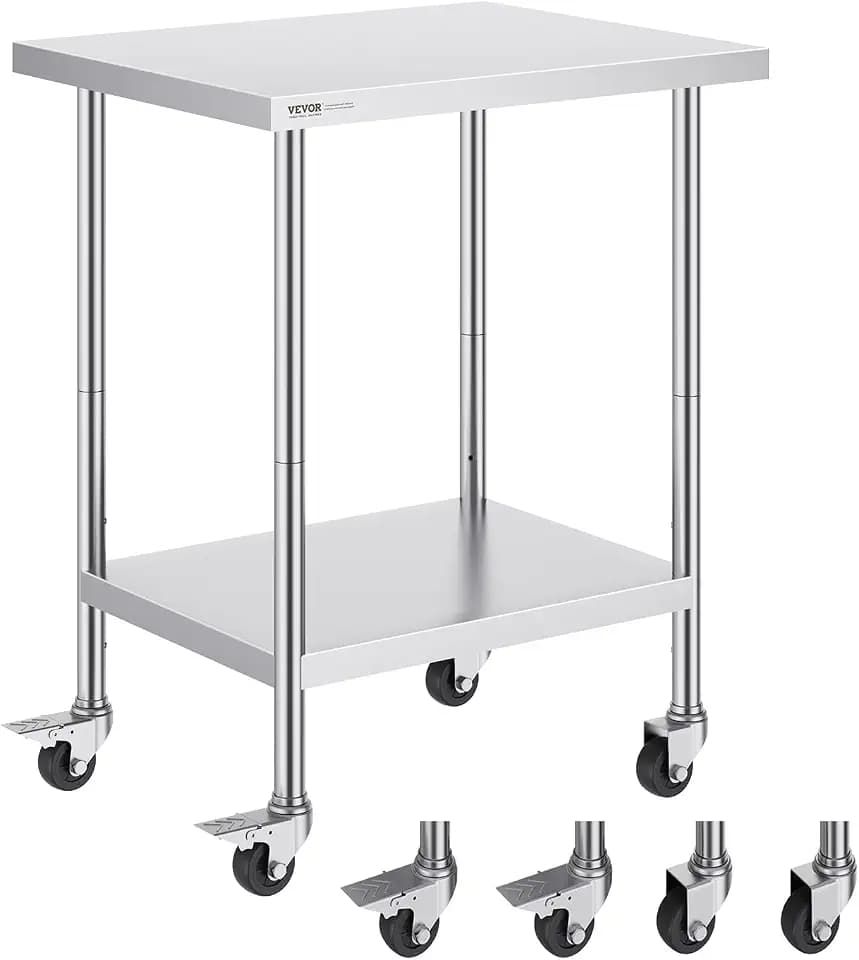 VEVOR Stainless Steel Work Table 24 x 30 x 38 Inch, with 4 Wheels, 3 Adjustable Height Levels, Heavy Duty Food Prep Worktable for Commercial Kitchen Restaurant, Silver