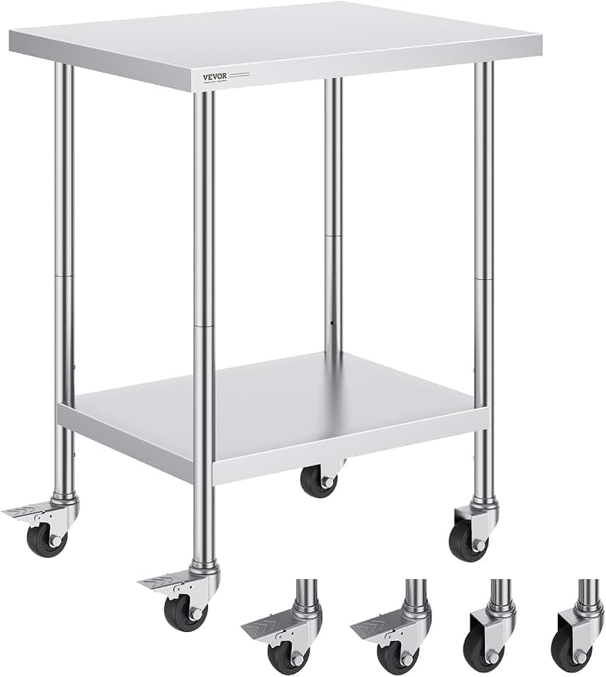 VEVOR Edelstahl Arbeitstisch Küche, Zubereitungstisch mit 4 Rädern, Arbeitstisch zur Lebensmittelzubereitung für gewerbliche Küchen und Restaurants, 61x76x95cm