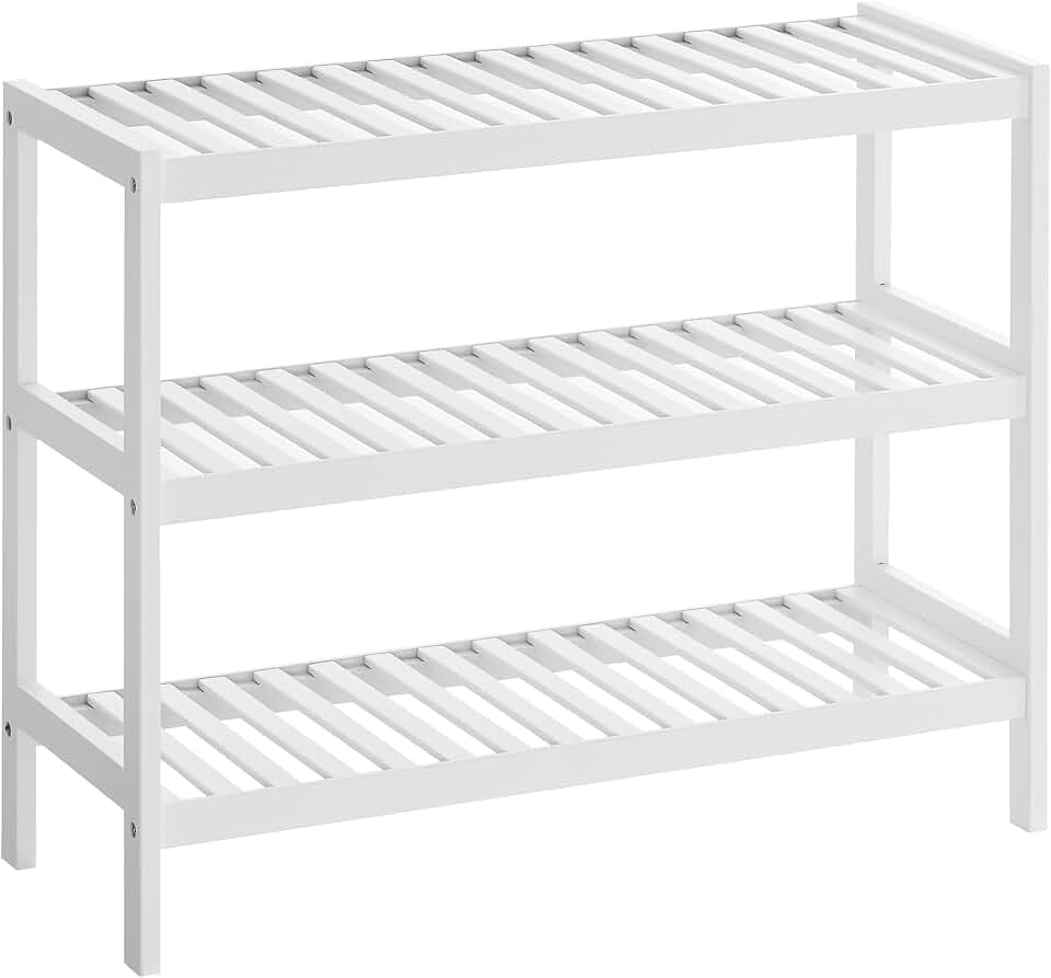 SONGMICS Schuhregal aus Bambus, Schuhablage mit 3 Ebenen, Schuh-Organizer, Regal für Schuhe, Pflanzen, Bücher, Wohnzimmer, Flur, Schlafzimmer, Badezimmer, 26 x 70 x 55 cm, weiß LBS13W