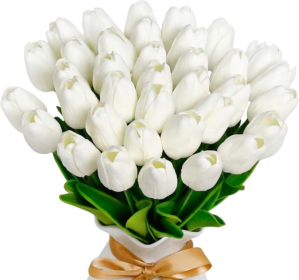 Tulpen Künstlich wie Echt 36 Stück 33 cm PU Real Touch Kunstblumen Weiß für Room Decor Tisch Deko (Weiß)