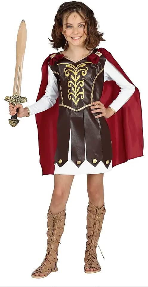FIESTAS GUIRCA Gladiatorenkostüm für Mädchen, Kleid mit goldenen Verzierungen und rotem Umhang für Mädchen