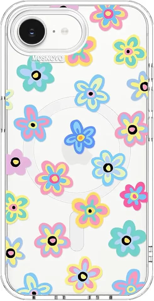 MOSNOVO for iPhone 17e Case/iPhone 16e Case, Compatible with Magsafe, Shockproof Military-Grade Protection, Magnetic Clear Phone Case for iPhone 17e / 16e, Groovy Flower Design