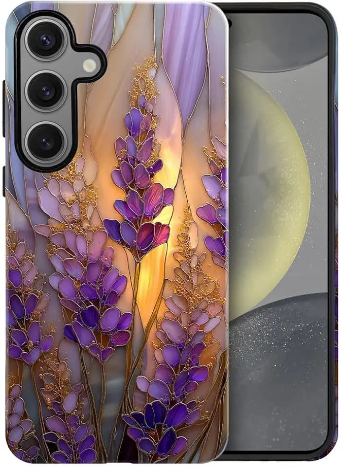 Compatible with Samsung Galaxy S24 Case,Glossy Case All-Round Protection Shockproof Anti-Scratches TPU Cover,Cases for Man Woman-Stained Glass Lavender in Bloom