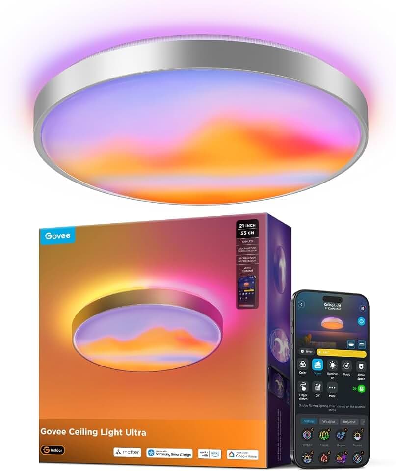 Govee Deckenlampe Ultra, 5000lm AI Deckenleuchte für Wohnzimmer, 53,5 cm | 2700K-6500K Dimmbare Decken-Canvas, 616 Matrix-Lampenperlen, RGBWWIC DIY Funktion, DaySync, Smart-Integration, 100 Szenen