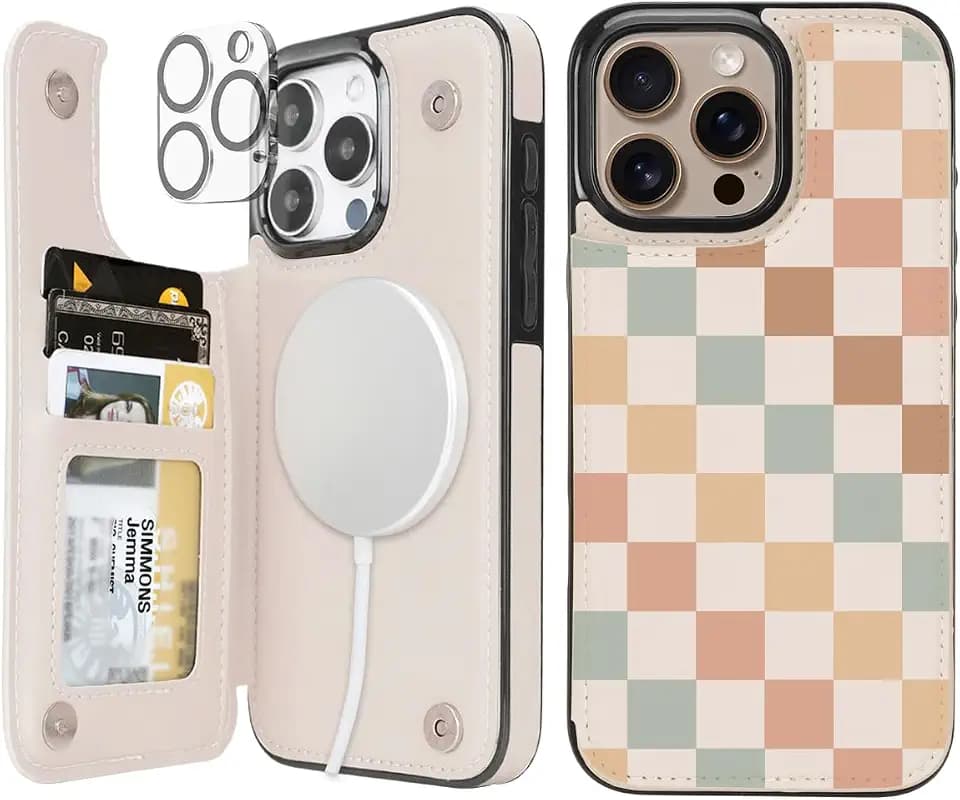 uCOLOR for iPhone 16 Pro Max Wallet Case with Card Holder Pastel Check