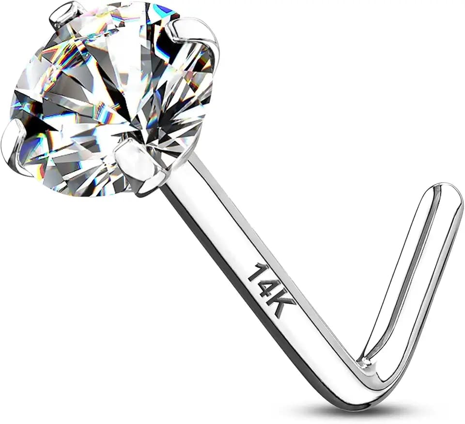 CM Crareesi Mania 14K Real Gold Nose Studs 20G Nose Rings Studs L Shaped Nose Rings for Women Men Diamond CZ Nose Piercing