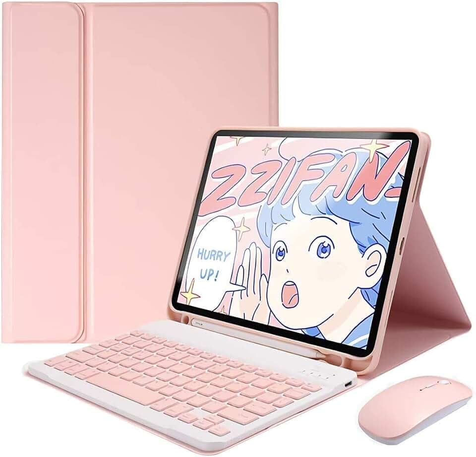 Lovely Keyboard Case for iPad 9th/8th/7th Generation with Mouse,Case for iPad9 iPad8 iPad7 10.2 inch with Pencil Holder and Deatachable Keyboard Mouse, Pink