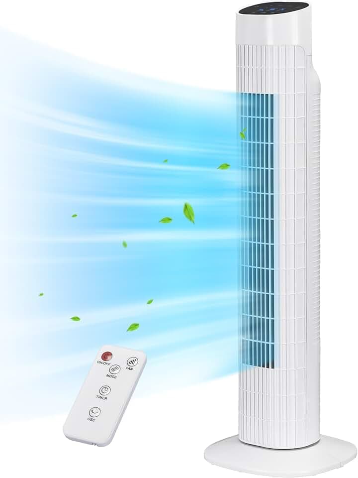 Uthfy Tower Fan with Remote, Portable 120° Oscillating Standing Fan, 3 Speeds & 3 Modes, 7.5H Timer, Fans That Blow Cold Air for Bedroom, Living Room, Office, White