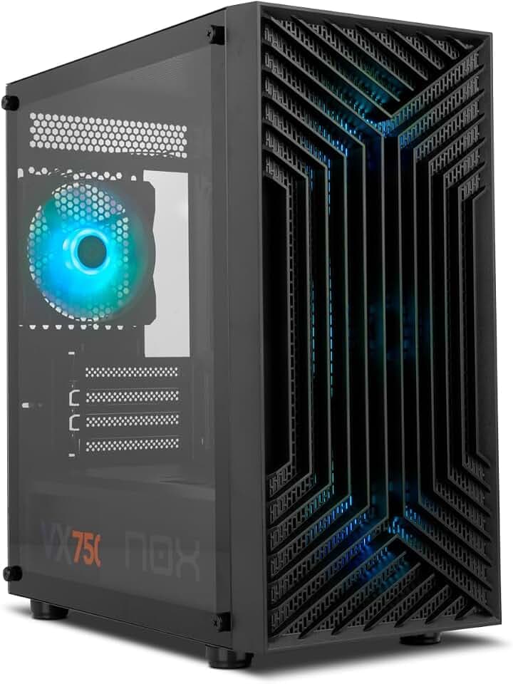 NOX Xtreme Products Infinity Epsilon - Mid-Tower M-ATX/ITX ARGB Rainbow, Front Mesh,Seitenteil aus gehärtetem Glas, 4 eingebaute Lüfter, Grafikkarten kompatibel bis 310mm, USB 3.0, Schwarz