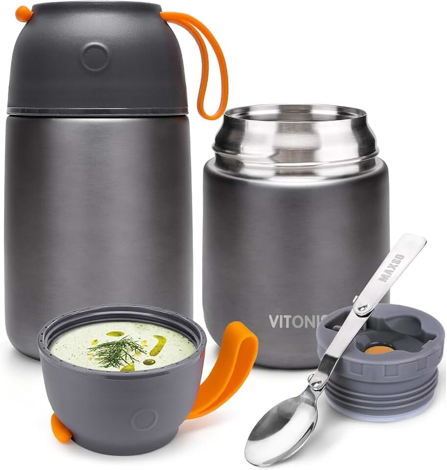 VITONIS Thermobehälter für Essen 500ml + 700ml, mit faltbaren Löffeln, Edelstahl Warmhaltebox Thermo-Essensbehälter, BPA-frei, Grau