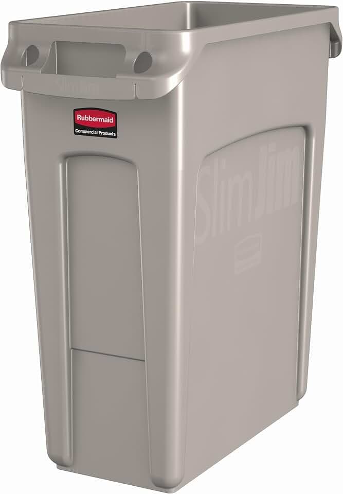 Rubbermaid Commercial Products SLIM JIM Plastic Rectangular Trash/Garbage Can/Bin with Venting Channels 16 GALBeige for Kitchens/Classrooms/Offices/Back of House