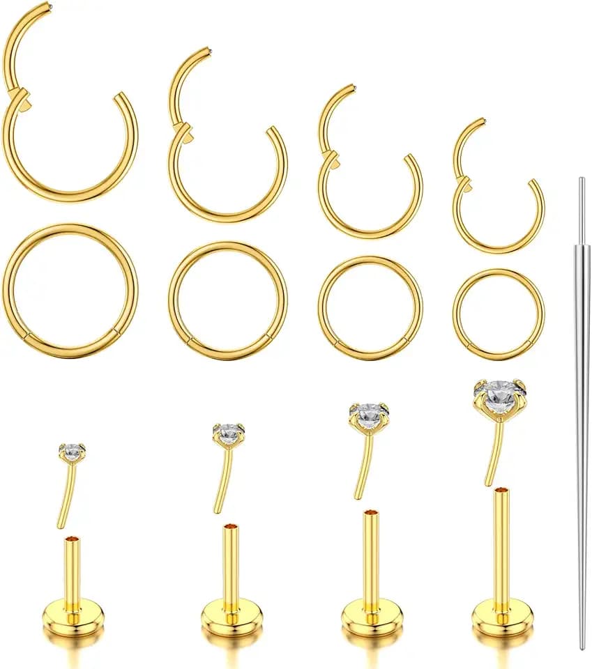TOPBRIGHT 8Pcs 14K Gold Plated Nose Rings Set for Women Men – Hypoallergenic 316L Surgical Steel Flat Back Stud Earrings with CZ, 20G 18G 16G Push in Threadless for Helix Tragus Conch Nostril Septum
