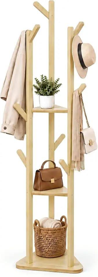 unho Bambus Kleiderständer Garderobenständer in Baumform mit 8 Haken/3 Ablagen Standgarderobe für Flur Büro Schlafzimmer Wartezimmer,für Kleidung Hüte Tasche