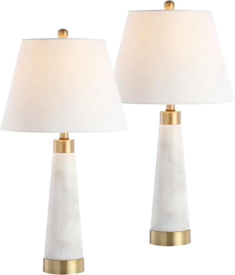 JONATHAN Y Travis Column Table Lamp 26.5" Marble Metal, White, Set of 2