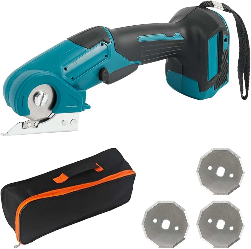 Akku Kartonschneider Kompatibel mit Makita 18V Akku (Kein Akku), Kabelloser Kartonschneider, Elektrische Stoffschere mit 3 Klingen und Aufbewahrungstasche, 6mm Schnitttiefe für Leder, Kunststoff