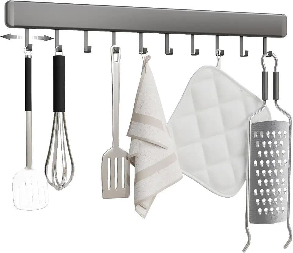 Hakenleiste Küche ohne Bohren, 50 cm lang, Aluminium | Küchenleiste Selbstklebend mit 10 Verschiebbaren Haken, platzsparender Küchenutensilienhalter, Grau