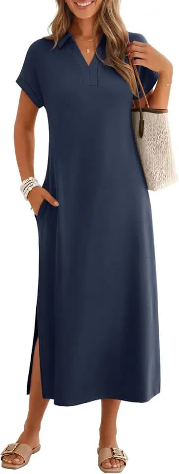 MEROKEETY Women's Summer Casual V Neck Collared T Shirt Long Maxi Dress