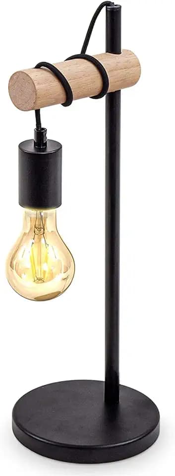 Tischlampe, 1 flammige Vintage Tischleuchte, Retro Lampe, Nachttischlampe aus Stahl und Holz, Holz, Rund, E27 Fassung, Ohne Leuchtmittel