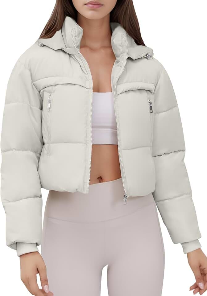 Ogfao Women's Cropped Puffer Jacket Hooded Warm Padded Winter Outerwear Coat with Pockets