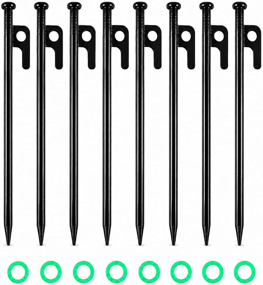Zelt Heringe Stahl Erdnägel, Zeltheringe Sturmsicher Set, Heringe Erdnägel Stabil für Camping& Outdoor-Aktivitäten, Inklusive Leuchtender Sicherheitsring (20cm 8pcs)