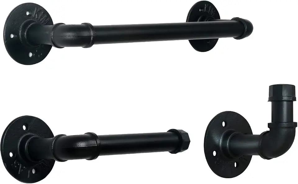 HouseAid 3-Pieces Industrial Pipe Towel Holder Set, Rustic Steel Towel Rack Kit, Farmhouse Vintage Style Towel Bar Accessories for Bathroom, Wall Mounted, Matte Black