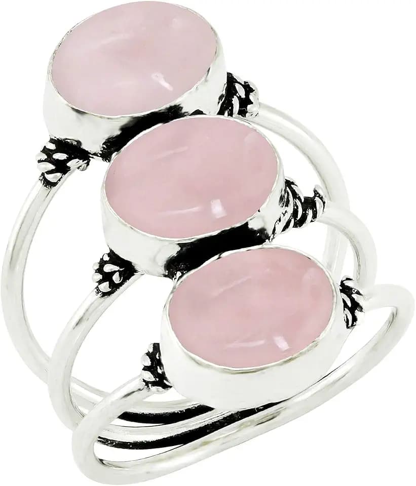 Natural Oval Shape Three Gemstones Triple Band Silver Plated Ring
