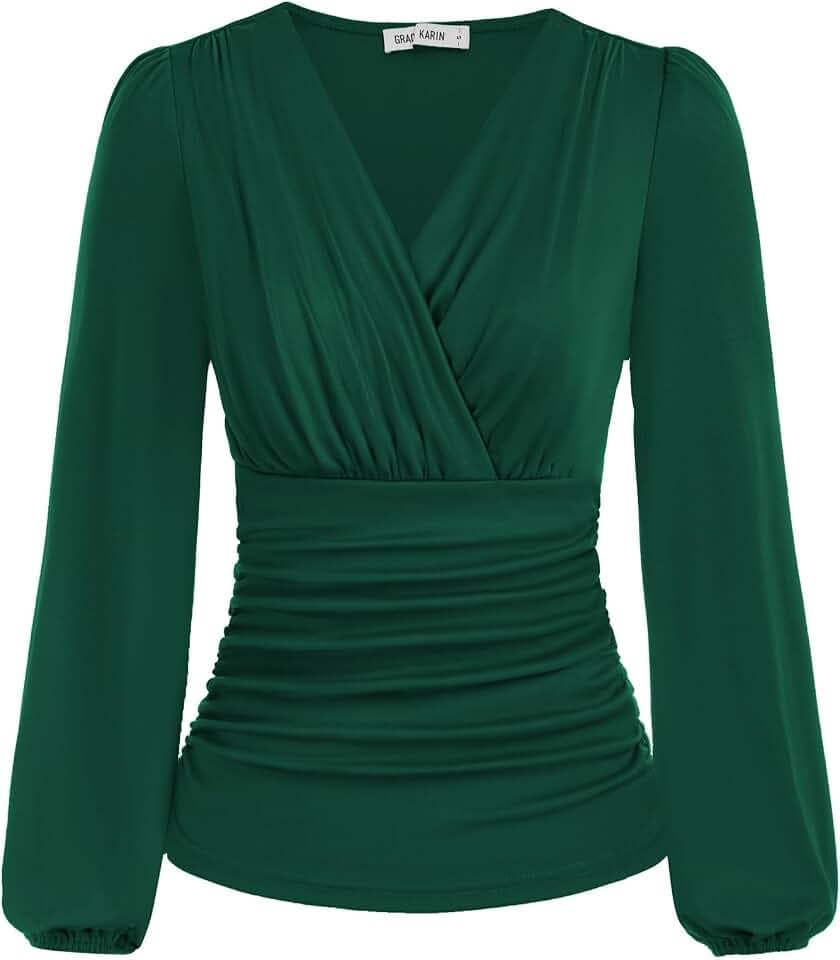 GRACE KARIN Damen V-Ausschnitt Wickelbluse Slim Plissee Elegante Oberteile