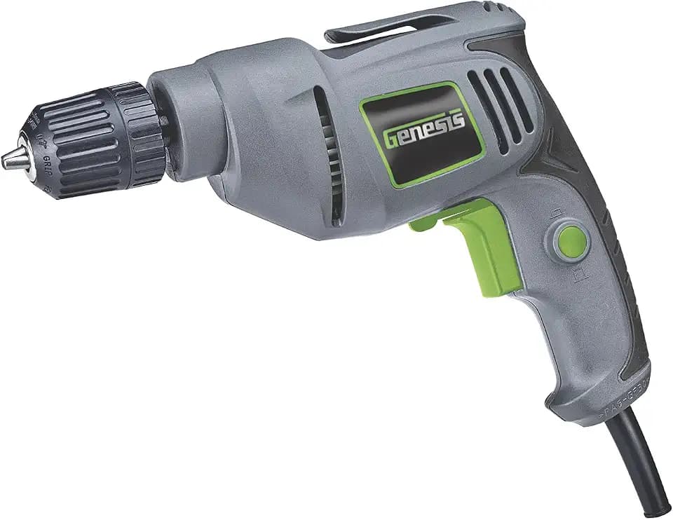 Genesis 4.2 Amp Corded Drill Variable Speed Reversible Electric with 3/8-Inch Keyless Chuck, Belt Clip, Rubberized Grip, Lock-On Button and 2 Year Warranty (GD38B)